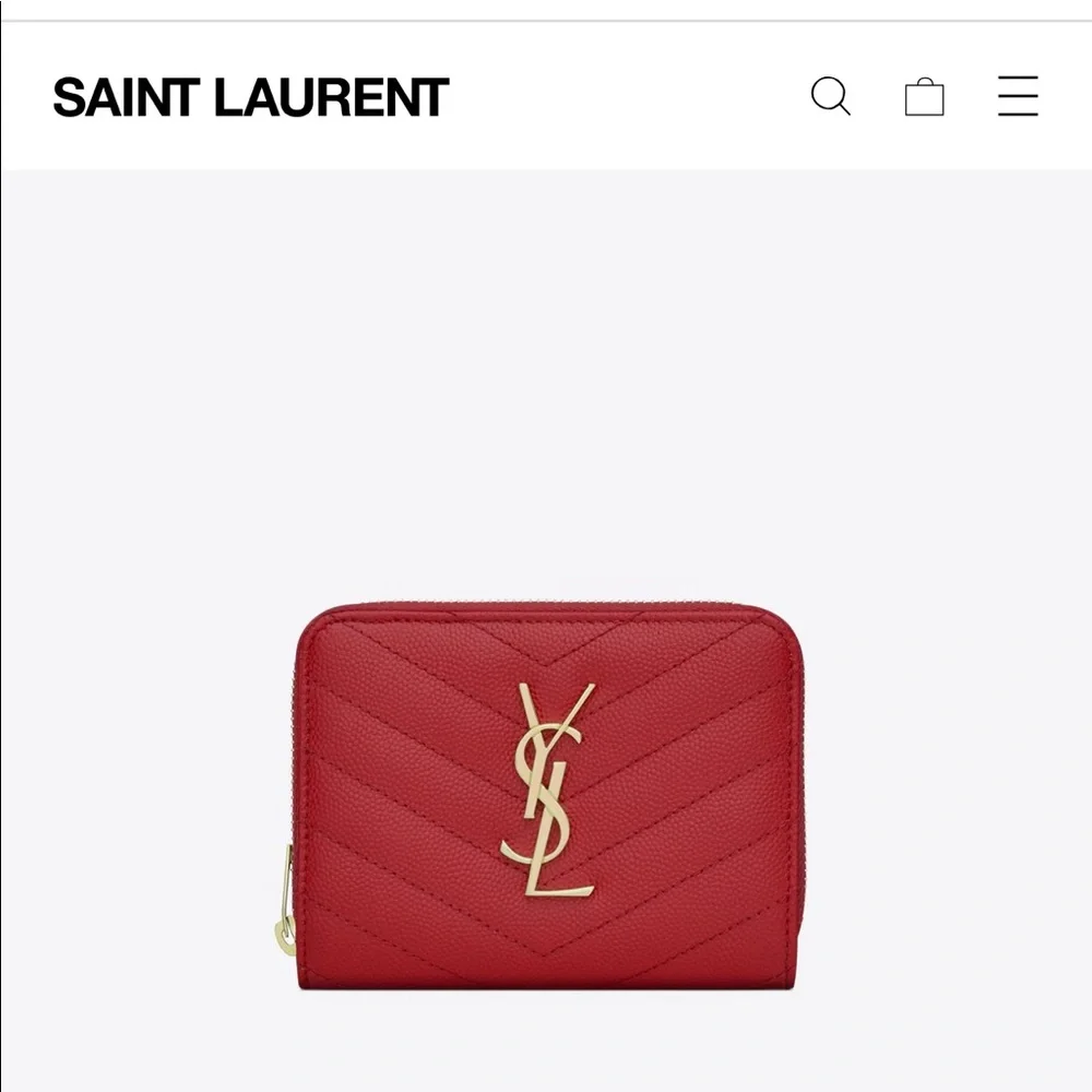 Yves Saint Laurent Red Quilted Zip Wallet with Gold YSL Logo